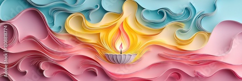 Colorful 3D Paper-Cut Holi Design with Swirling Powdered Colors and Elegant Diya Cutouts