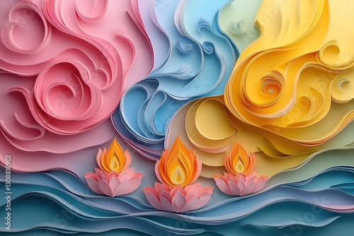 Colorful 3D Paper-Cut Holi Design with Swirling Powdered Colors and Elegant Diya Cutouts