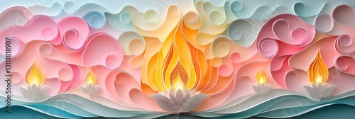 Colorful 3D Paper-Cut Holi Design with Swirling Powdered Colors and Elegant Diya Cutouts