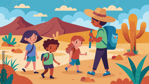 With a nature guide leading the way children trek through a desert landscape learning about the resilient plants and animals that call it home.. Vector illustration