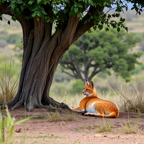 A Serene Moment of a Caracal Resting Under a Tree Observing the Wilderness