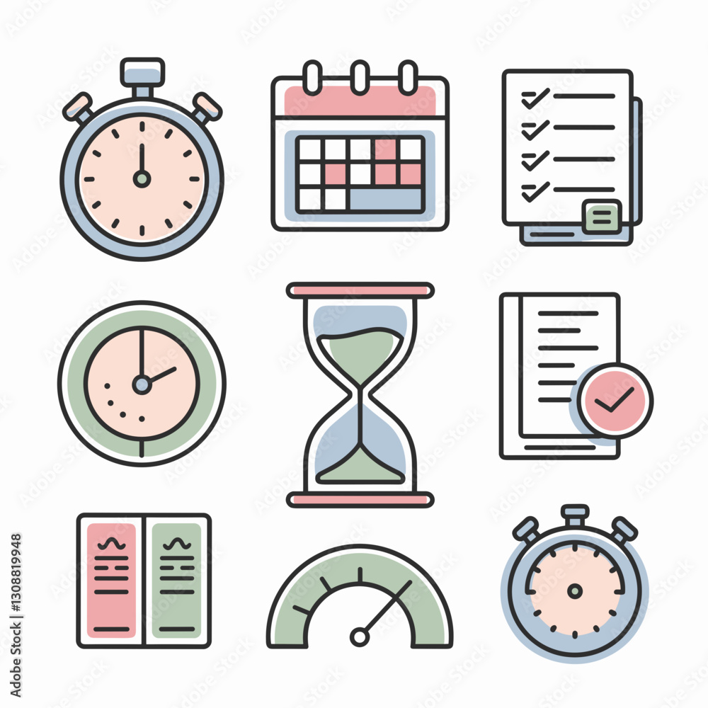 Fototapeta premium Minimalist vector icon pack of productivity symbols with a clean, pastel design