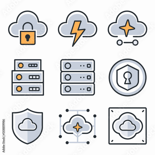 Cloud computing and SaaS icons in modern vector style – Perfect for IT companies, cloud security, or SaaS-related content.