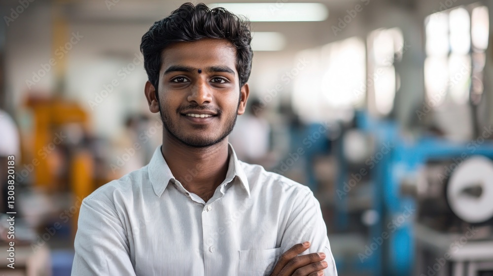 A young man smiling confidently in an industrial setting with machinery in the background. A young man smiling confidently in an industrial setting with machinery in the background.