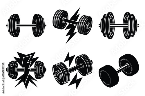 set of Gym and Fitness dumbbell silhouette vector art, A weightlifting or weightlifting fist hand holding a heavy barbell or Black dumbbell with Gym sport icon