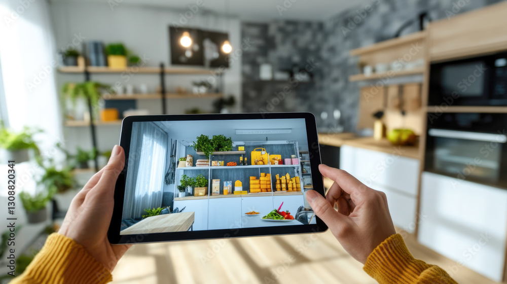 Person using tablet for virtual home interior design in modern kitchen Person using tablet for virtual home interior design in modern kitchen