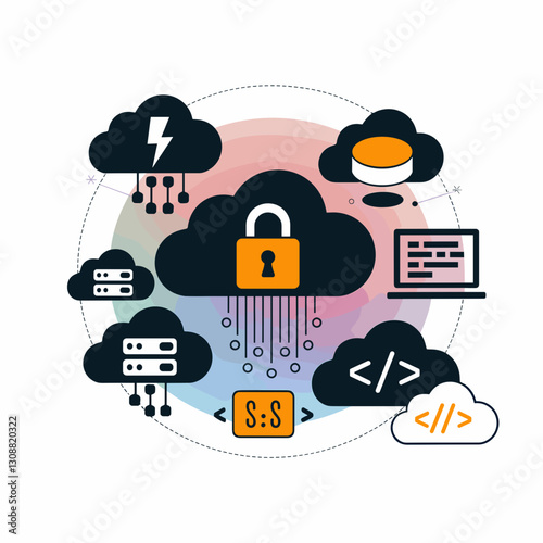 Modern cloud computing and SaaS icons with a circular arrangement – Perfect for cloud-based services, tech branding, or SaaS marketing.