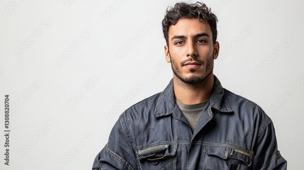 Obraz premium A young man in a work uniform poses confidently against a neutral background.