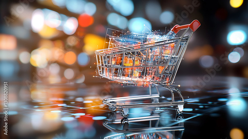 Shopping cart experience urban marketplace digital interaction futuristic environment engaging viewpoint innovation