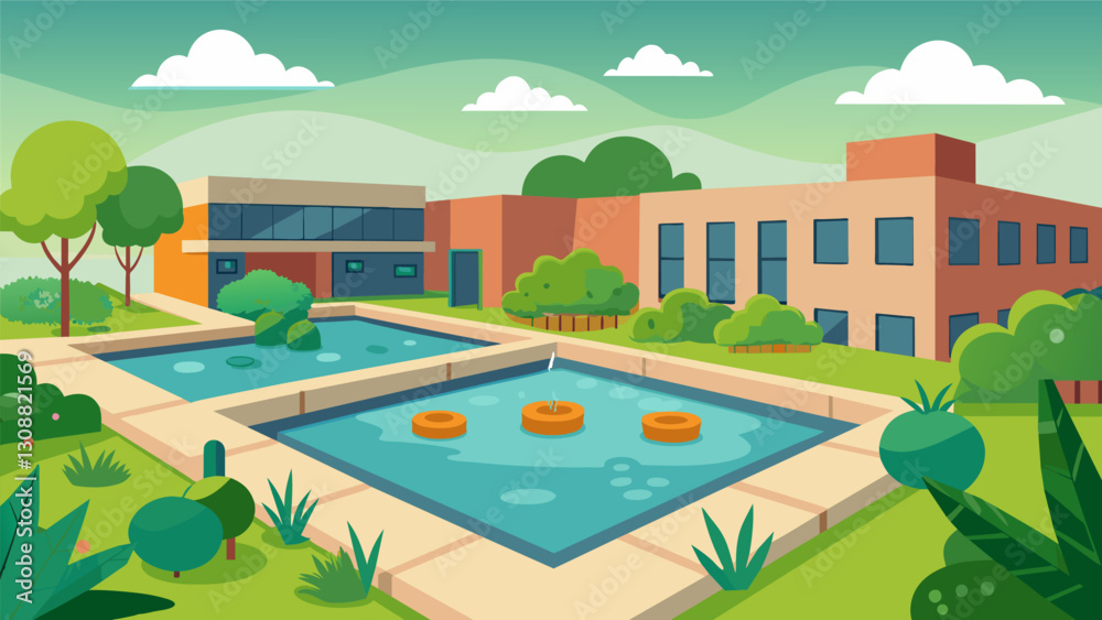 Fototapeta premium The once drab concrete courtyard is now a lush green oasis complete with a pond and watersaving irrigation system all thanks to the dedicated efforts. Vector illustration