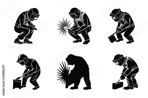 set of Welder silhouette vector art illustration with Industrial Worker and welding Logo icon 