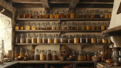 Fototapeta Naklejka Na Ścianę i Meble -  Rustic spice jars on wooden shelves