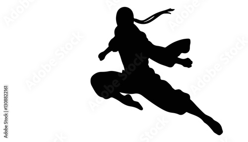 Ninja silhouette in action leaping against a white background