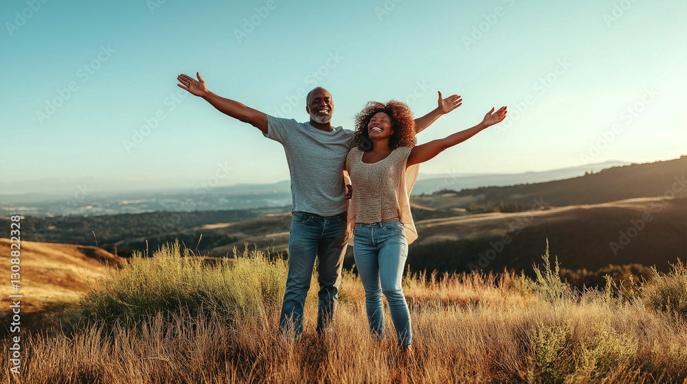 Couple celebrates love and joy in golden hour light on a scenic hillside with open arms Couple celebrates love and joy in golden hour light on a scenic hillside with open arms