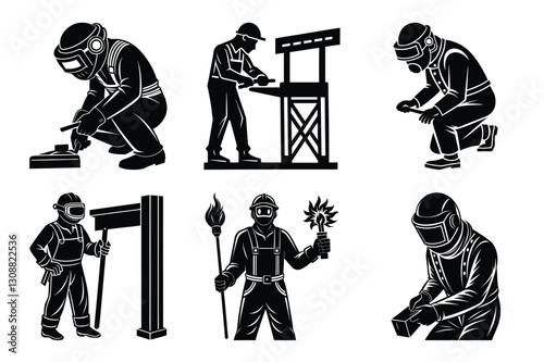 set of Welder silhouette vector art illustration with Industrial Worker and welding Logo icon 