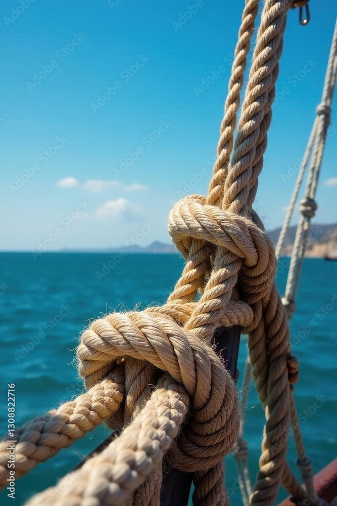 Fototapeta premium Thick ropes, nautical knots, blue sky backdrop, image, nautical, travel