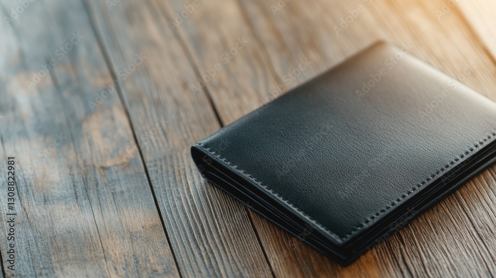 Closed black leather wallet rests on rustic wooden surface. Closed black leather wallet rests on rustic wooden surface.