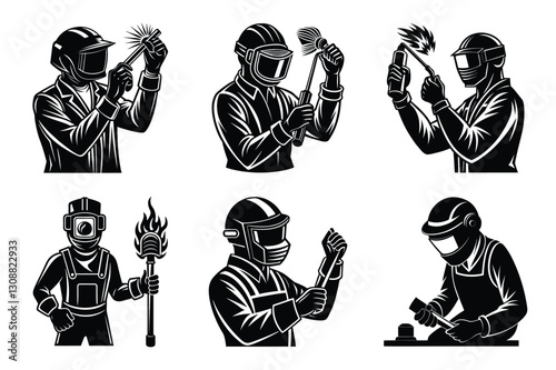 set of Welder silhouette vector art illustration with Industrial Worker and welding Logo icon 