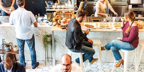Tableau sur toile People in a busy cafe, enjoying coffee and pastries