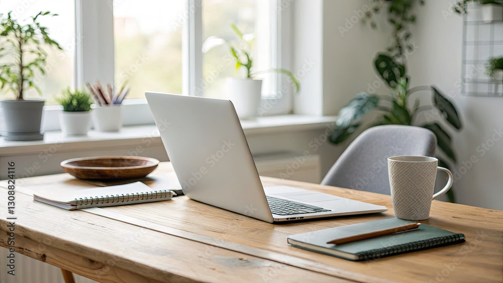Modern home office setup with laptop, notebook, and coffee cup on wooden desk, symbolizing hybrid work. Minimalist decor with copy space, ideal for remote work and productivity concepts. Modern home office setup with laptop, notebook, and coffee cup on wooden desk, symbolizing hybrid work. Minimalist decor with copy space, ideal for remote work and productivity concepts.