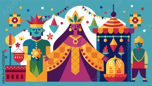 The festival is a sea of cultural aesthetics with intricate patterns and designs adorning everything from clothing to decorations.. Vector illustration