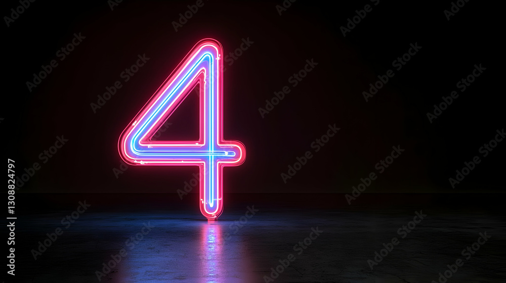 Glowing Neon Number Four Displayed Against A Dark Backdrop With Blue And Pink Lighting Glowing Neon Number Four Displayed Against A Dark Backdrop With Blue And Pink Lighting