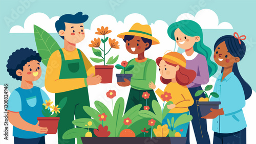 The gardening club attends a field trip to a local nursery to learn about the latest plant hybrids and stock up on new additions for their own. Vector illustration