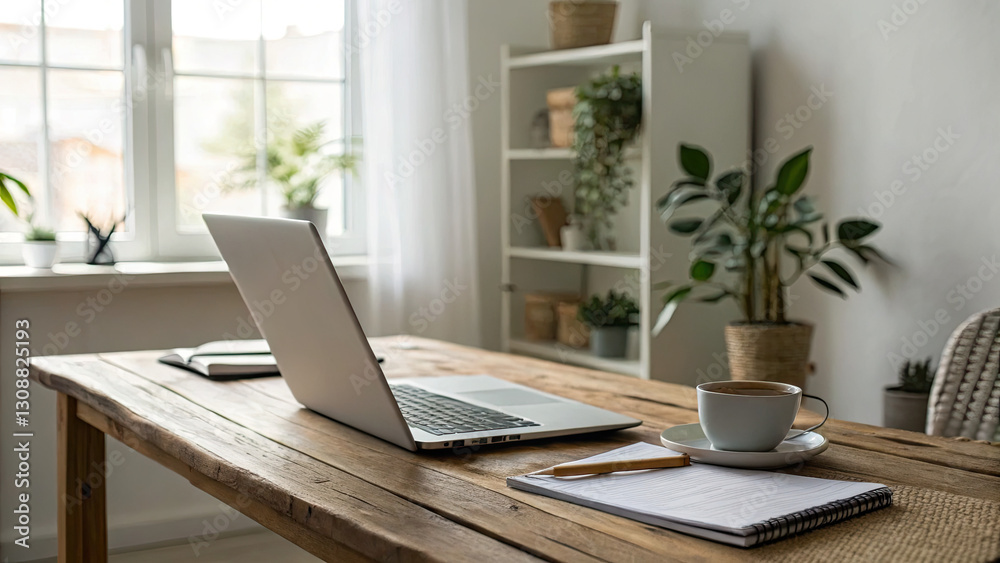 Modern home office setup with laptop, notebook, and coffee cup on wooden desk, symbolizing hybrid work. Minimalist decor with copy space, ideal for remote work and productivity concepts. Modern home office setup with laptop, notebook, and coffee cup on wooden desk, symbolizing hybrid work. Minimalist decor with copy space, ideal for remote work and productivity concepts.