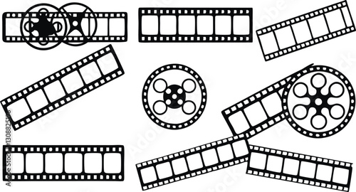 
Vector film reels and movie strips set, black and white retro cinema icons, vintage film roll silhouettes for movie, media, and video design