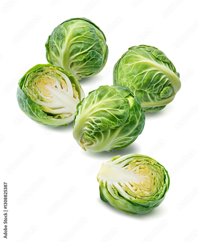 Fototapeta premium Brussels sprouts cut in half isolated on white background. Vertical layout.
