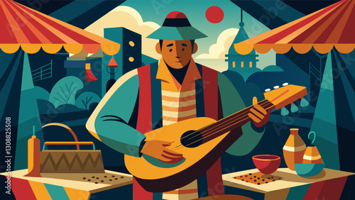 The sound of a musician playing a handmade instrument providing the perfect soundtrack for a day at the market.. Vector illustration