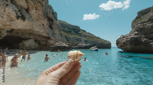 A hand exemplifies a treasured seashell souvenir, surrounded by a picturesque beach scene with vibrant blue waters and happy vacationers. photo