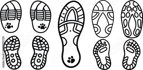 Vector shoe prints and animal paw footprints set in black and white, hand-drawn sneaker soles, boots, and casual shoe sole pattern icons