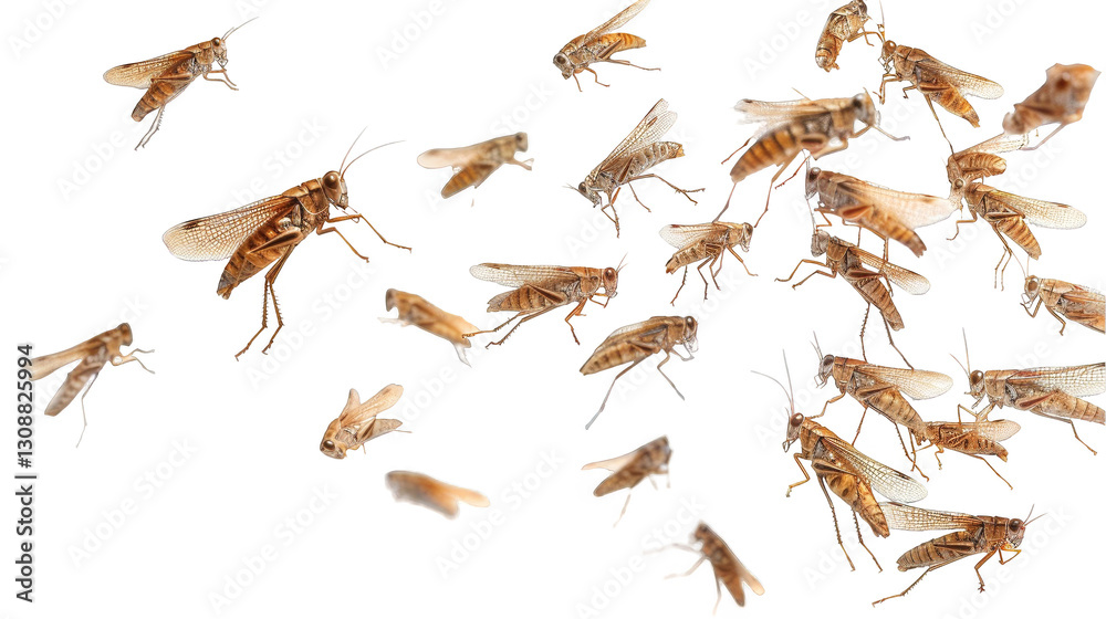 Fototapeta premium Swarm of locusts in dynamic flight captured against a clear white backdrop