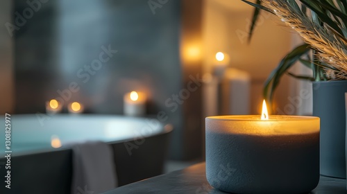 Experience the calming ambiance of a flickering candlelight, creating a peaceful atmosphere perfect for relaxation and aromatherapy sessions. photo