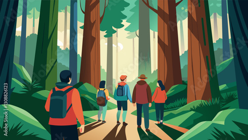 Surrounded by towering redwood trees the group gazes up in awe as they hike through a majestic mosscovered forest.. Vector illustration