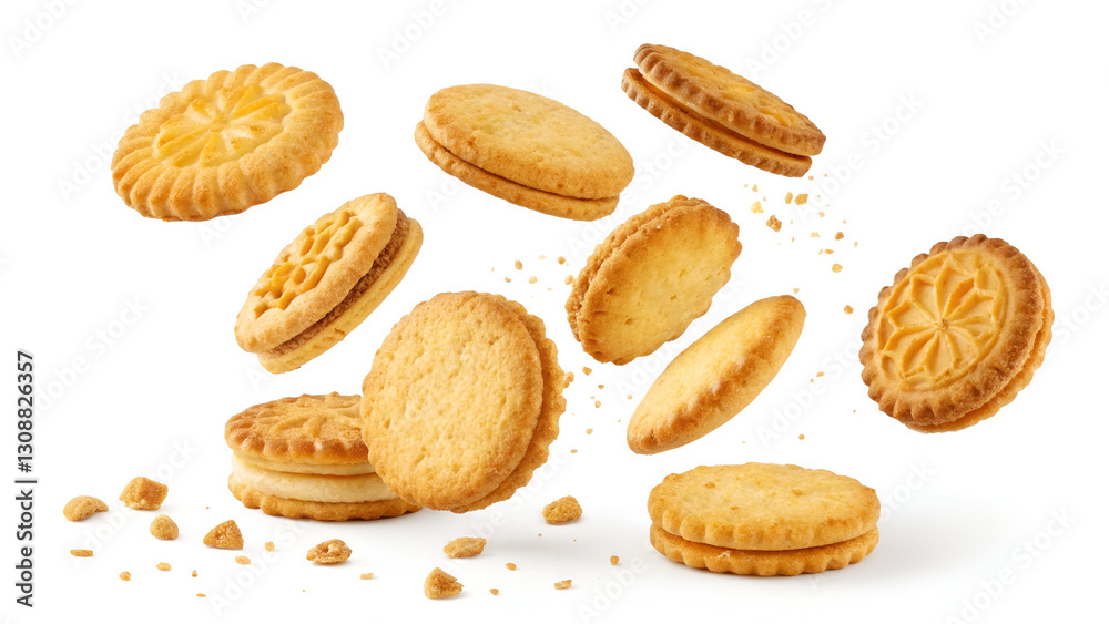 Golden, crispy biscuits and cookies floating mid-air against a white background, isolated with a clean clipping path. Golden, crispy biscuits and cookies floating mid-air against a white background, isolated with a clean clipping path.