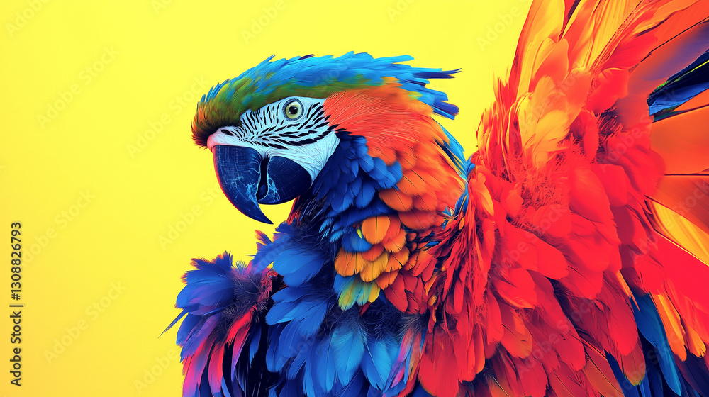 Obraz premium Vibrant macaw showcasing brilliant colors, perched confidently against a neutral background in a tropical setting