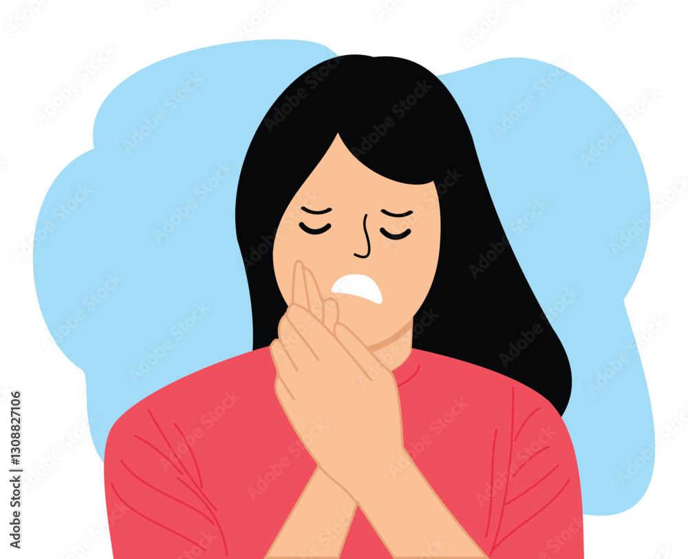 young woman feeling pain holding his cheek with both hands suffering from bad toothache having painful expression young woman feeling pain holding his cheek with both hands suffering from bad toothache having painful expression