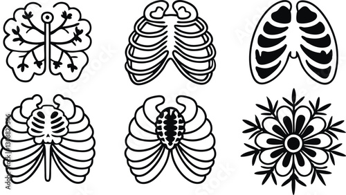 Stylized rib cage and lungs vector set in black and white line art, including anatomical ribcage, lungs, and creative floral bone designs