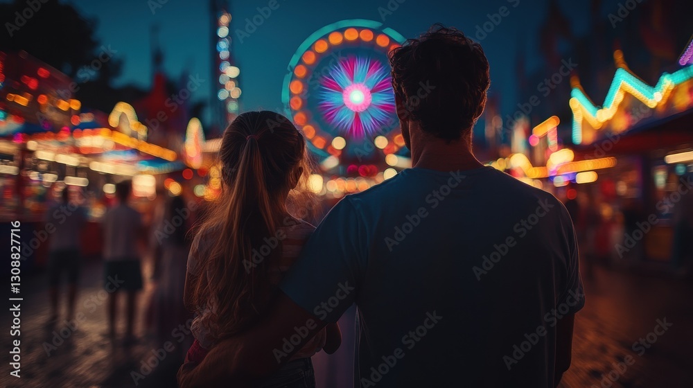 Fototapeta premium Couple embraces at night carnival with Ferris wheel and colorful lights