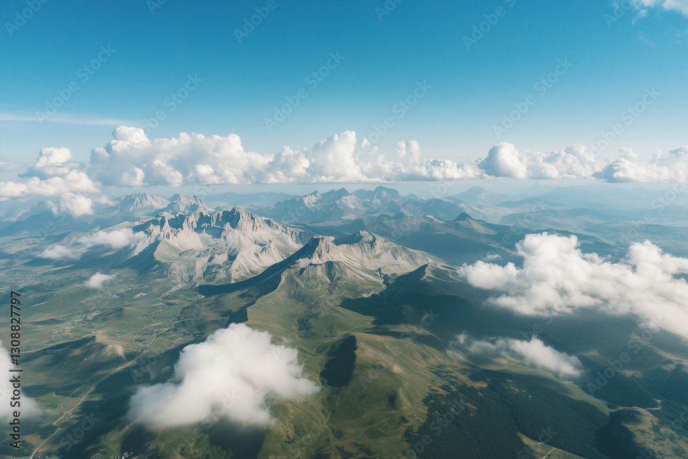 Fototapeta premium Aerial perspective of an impressive mountain range with sharp rock formations and low-hanging clouds. 