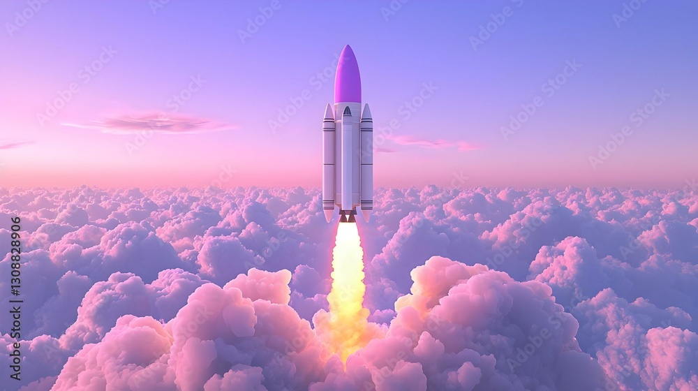 Naklejka premium Rocket Launching into a Colorful Sky Above Fluffy Clouds
