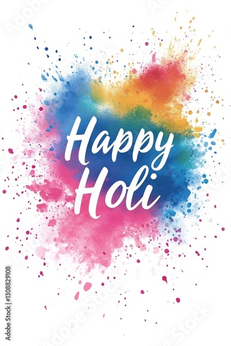Happy Holi Watercolor Calligraphy with Vibrant Color Splashes and Festive Artistic Typography