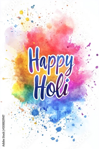 Happy Holi Watercolor Calligraphy with Vibrant Color Splashes and Festive Artistic Typography