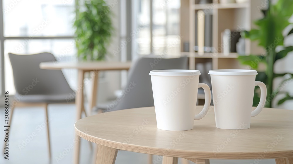 Two white cups on a wooden table in a bright, modern room with green plants. Two white cups on a wooden table in a bright, modern room with green plants.