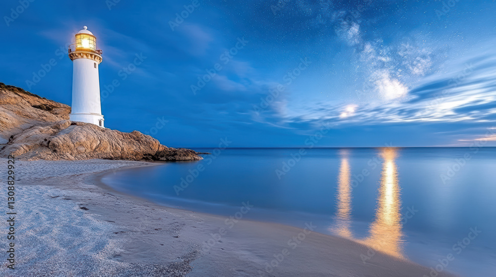 Fototapeta premium lonely lighthouse on desolate shoreline under starry sky