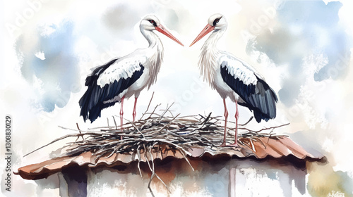 Vector illustration, watercolor painting of a two storks in a nest