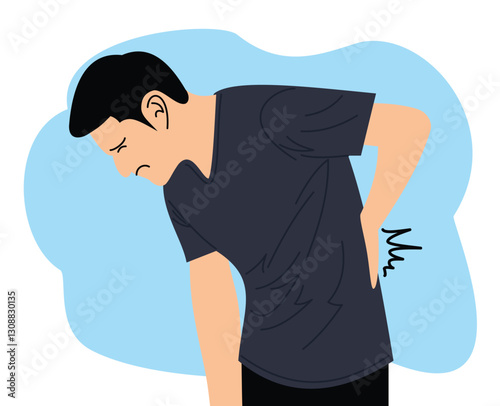 young man touching back trying to ease pain in spine. young man backache