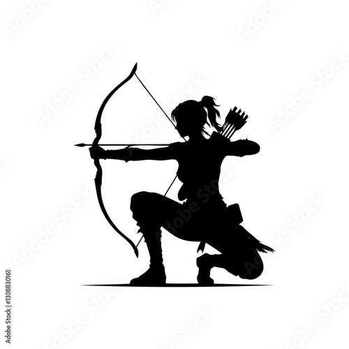 Silhouette of a female archer on a white background